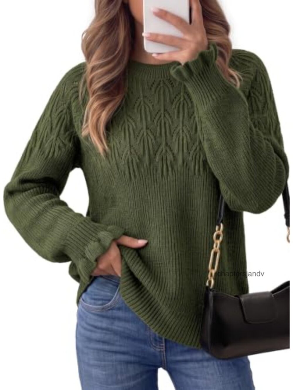 Ruffle Long Sleeve Pullover Sweater Hollow Out Knit Crew Neck Top